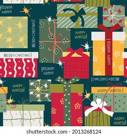 fondo de masas sin fisuras con cajas y saludos actuales, diseño vectorial para papel, tela y otras superficies