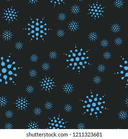 Seamless Christmass vector pattern. Package Backdrop template. Abstract falling snowflakes on black background. Vector illustration. Winter night, cartoon style texture. Holiday decorations.