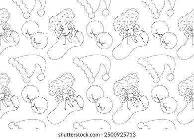 A seamless Christmas-themed coloring page pattern featuring stockings, Santa hats, and ornaments. Perfect for festive holiday activities.