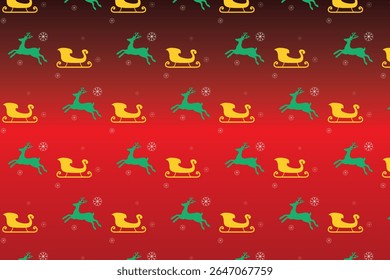 A seamless Christmas-themed pattern featuring green reindeer and yellow sleighs interspersed with white snowflakes against a gradient red background.