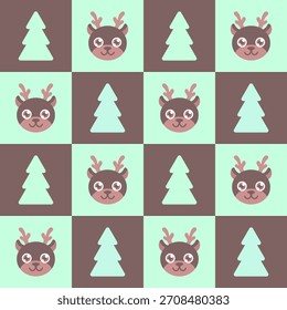 Seamless Christmas-themed pattern featuring stylized tree silhouettes and cute deer faces in a simple geometric layout. Perfect for winter holiday decor, gift wrapping, greeting cards, textiles
