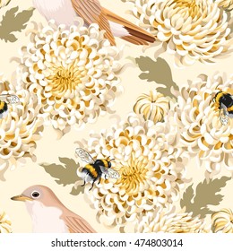Seamless chrysanthemum and birds