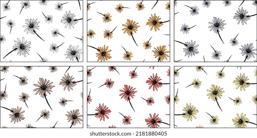 seamless chrysanthemum flower pattern ink drawing, in different colors