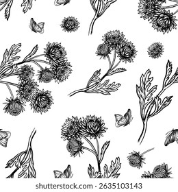 Seamless chrysanthemum flower pattern. Vector graphics. A black-and-white hand-drawn illustration. On a white background. Great for textiles and packaging, postcards and labels, prints and more.