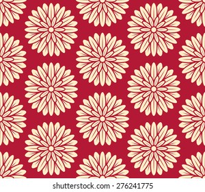 Seamless Chrysanthemum Pattern With Seams on The Petal. Golden Flowers on Background of Red Color.