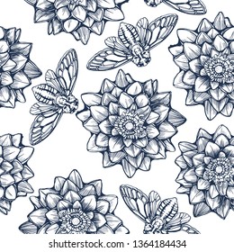 seamless Cicada pattern and water lilies,white background,vector illustration, hand drawing