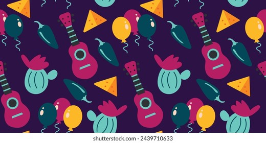 Seamless Cinco de Mayo vector pattern background with jalapeno, guitar, cactus and nachos