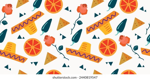 Seamless Cinco de Mayo vector pattern background with jalapeno, roses, sombrero and nachos