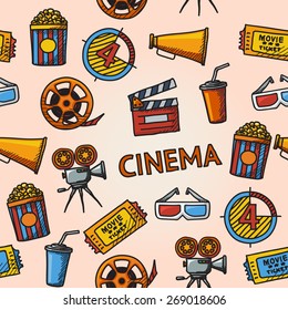 Seamless cinema handdrawn pattern with -  cinema projector, film strip, 3D glasses, clapboard, popcorn in a striped tub, cinema ticket, glass of drink.