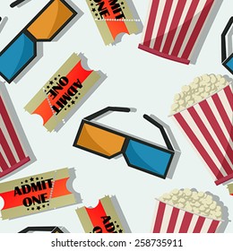 Seamless cinema pattern with tickets, glasses and popcorn