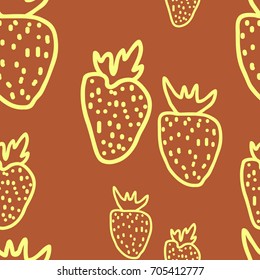 Seamless, cinnamon brown background and bright yellow strawberries oblique vector pattern