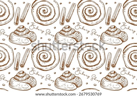 Seamless Cinnamon Bun pattern. Monochrome print with inscription, Pastry sweet bakery. Vector Round bun with icing, cinnamon stick, Repeated background for wallpaper, wrapping, textile, scrapbooking