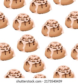 Patrón de bollos de canela sin foco sobre fondo blanco.Ilustración vectorial de horneado.Se puede usar en textiles, embalaje de panadería, menús de panadería.