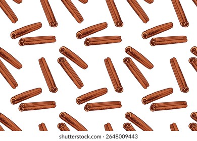 Seamless Cinnamon pattern. Color Hand drawn vector spices cinnamon sticks. Medicinal, cosmetic, culinary plants. Repeated background for wallpaper, wrapping, packing, textile, scrapbooking. Baking