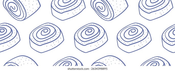 Seamless cinnamon roll pattern in hand-drawn blue outline style. Perfect for bakery branding, dessert packaging,  textile prints, and confectionery design projects.