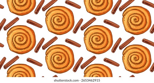 Seamless Cinnamon Roll pattern. Home Baking text. Pastry sweet bakery, top view. Vector sweet nutrition crusty snack. Repeated background for wallpaper, wrapping, packing, textile, scrapbooking