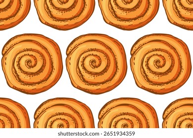 Seamless Cinnamon Roll pattern. Pastry sweet bakery, top view. Vector bakery foods, sweet nutrition crusty snack. Repeated background for wallpaper, wrapping, packing, textile, scrapbooking