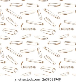 seamless cinnamon spice pattern with brown hand drawn sticks and text on white background in sketch doodle style