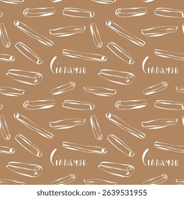 seamless cinnamon spice pattern with white doodle elements on warm cinnamon brown background in sketch style