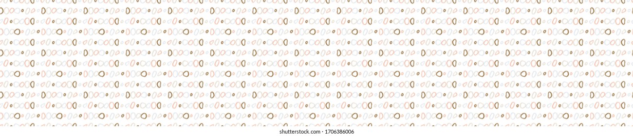 Seamless circle dot shape border pattern design. Neutral scandi color in fresh paper cut out style banner. Hand drawn playful texture light background. Ribbon home decor edge. Modern stationery trim