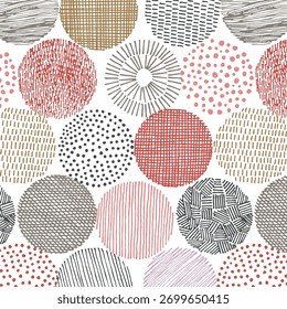 Seamless circle pattern doodle organic minimal shapes hand drawn geometric forms with decorative floral textures pastel background simple textile template vector wallpaper design
