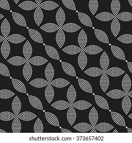 Seamless circle pattern. Flowers, Petals and Leaves. Abstract Black and white Background. Ethnic Textile background. Chain Dotted background. Geometric Pattern. Zigzag pattern. Vector Regular Texture