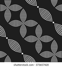 Seamless circle pattern. Flowers, Petals and Leaves. Abstract Black and white Background. Ethnic Textile background. Chain Dotted background. Geometric Pattern. Zigzag pattern. Vector Regular Texture