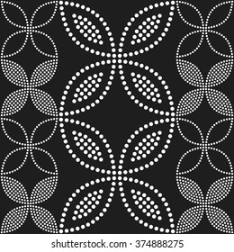 Seamless circle pattern. Flowers, Petals and Leaves. Abstract Black and white Background. Ethnic Textile background. Chain Dotted background. Geometric Pattern. Zigzag pattern. Vector Regular Texture