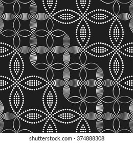 Seamless circle pattern. Flowers, Petals and Leaves. Abstract Black and white Background. Ethnic Textile background. Chain Dotted background. Geometric Pattern. Zigzag pattern. Vector Regular Texture