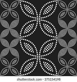 Seamless circle pattern. Flowers, Petals and Leaves. Abstract Black and white Background. Ethnic Textile background. Chain Dotted background. Geometric Pattern. Zigzag pattern. Vector Regular Texture