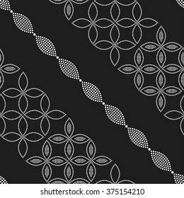 Seamless circle pattern. Flowers, Petals and Leaves. Abstract Black and white Background. Ethnic Textile background. Chain Dotted background. Geometric Pattern. Zigzag pattern. Vector Regular Texture