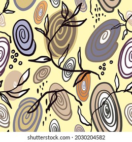 Seamless circle pattern with linear art drawn, tree branch. Endless colorful texture, print on light background. Vector