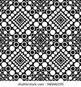 Seamless Circle and Ring Pattern. Abstract Black and White Background. Grid background. Geometric pattern. Ethnic background.  Arabic architecture inspired backdrop. Vector Regular Texture. 