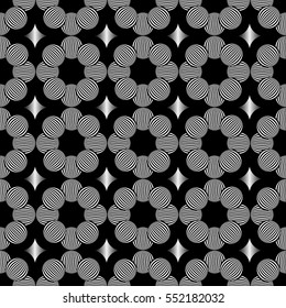 Seamless with circles and diamonds on black background.