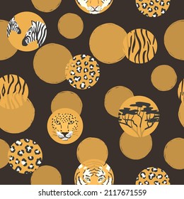 Seamless circles pattern with African animals. Vector print