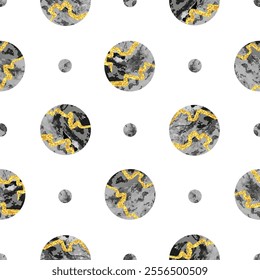 Seamless circles pattern. Polka dot vector background with black and golden round shapes