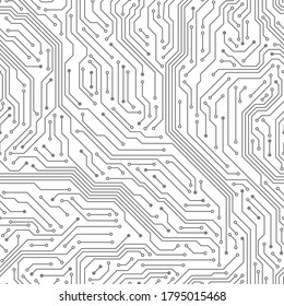 Seamless circuit board. Digital technology electrical scheme printed motherboard computer chip electronic equipment pattern vector texture. Motherboard hardware, circuit scheme processor illustration