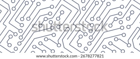 Seamless circuit board pattern with connected lines and nodes in abstract electronic design, perfect for technology backgrounds, futuristic layouts, and modern digital templates.