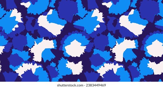 Seamless circular brush strokes pattern. Vector hand drawn ebru effect. Abstract geometric bright blue print with round texture. Template for design, textile, fashion, print, surface design, fabric