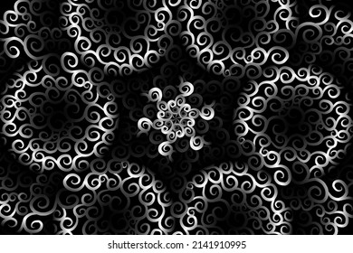 nahtloser Kreis Schwarz-Weiß-Kaleidoskoskop-Farbverlauf-Blumenkunst. Muster indonesischer traditioneller Tenun-Batik-Ethnischer Dayak-Ornament für Wallpaper-Werdehintergrund 

