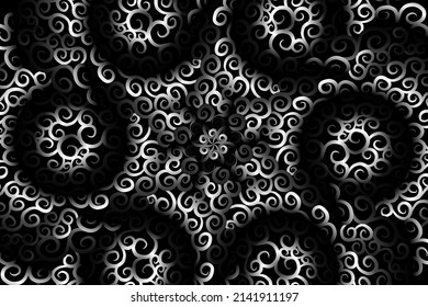 seamless circular circle  Black and white kaleidoscope gradient flower art. pattern of indonesian traditional tenun batik ethnic dayak ornament for wallpaper ads background 
