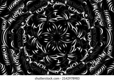seamless circular circle  Black and white caleidoscope gradient flower art pattern of indonesian traditional tenun batik ethnic dayak ornament for wallpaper ads background 