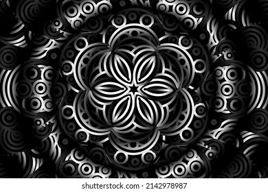 círculo circular sin costura Flor gradiente de caleidoscopio blanco y negro patrón de arte tradicional indonesio tenun batik étnico dayak ornamento para anuncios de papel pintado fondo 