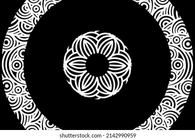 seamless circular circle  Black and white caleidoscope gradient flower art pattern of indonesian traditional tenun batik ethnic dayak ornament for wallpaper ads background 