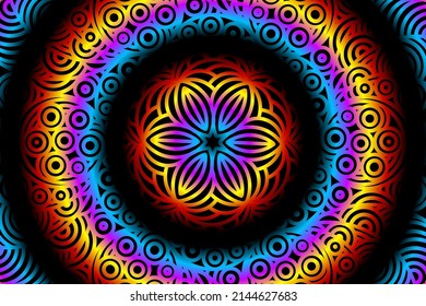 seamless circular circle candy colour caleidoscope gradient flower art pattern of indonesian traditional tenun batik ethnic dayak ornament for wallpaper ads background