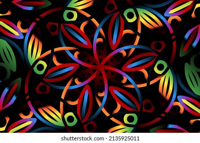 seamless circular circle colourful caleidoscope gradient flower art pattern of indonesian culture traditional tenun batik ethnic dayak ornament for wallpaper with Black background 