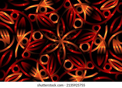 nahtlose kreisförmige goldene rote Kaleidoskop-Farbverlauf-Blumenmuster der indonesischen traditionellen tenun batik ethnische Dayak-Ornament für Tapeten-Hintergrund 
