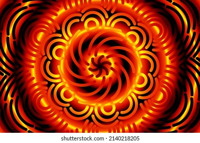 
nahtlose kreisförmige GOLDEN RED-Kaleidoskop-Farbverlauf-Muster der indonesischen traditionellen tenun-batik ethnische Dayak-Ornament für Tapeten-Hintergrund 