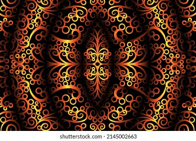 seamless circular circle LUXURIOUS gOLD Colour caleidoscope gradient flower art pattern of indonesian culture traditional tenun batik ethnic dayak ornament for wallpaper with Black background 