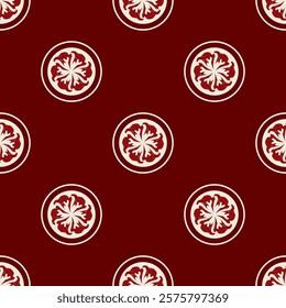 Seamless Circular Floral Pattern with Red and White Motifs on Burgundy Background